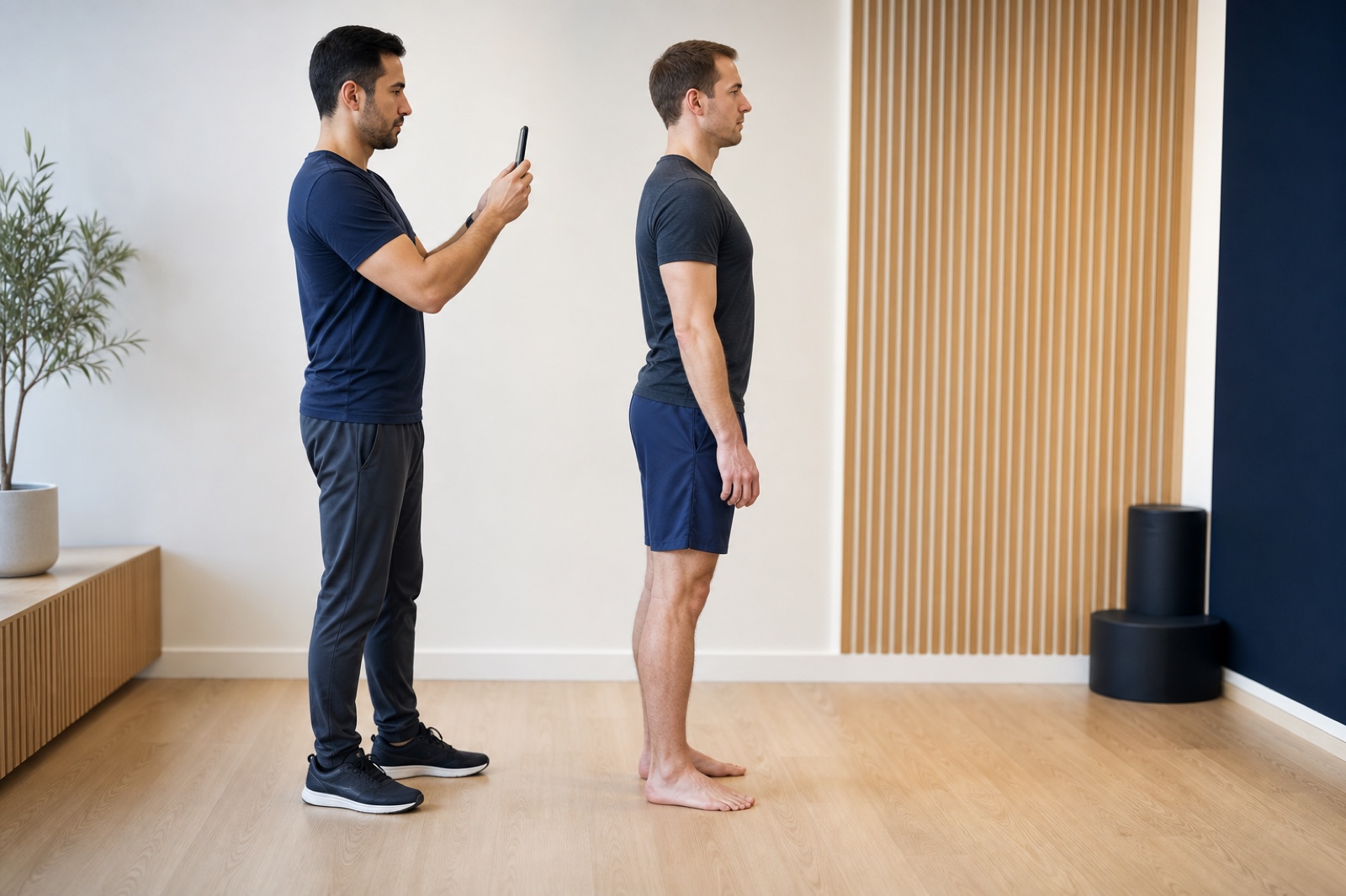 Two adult male sports professionals completing smartphone posture capture