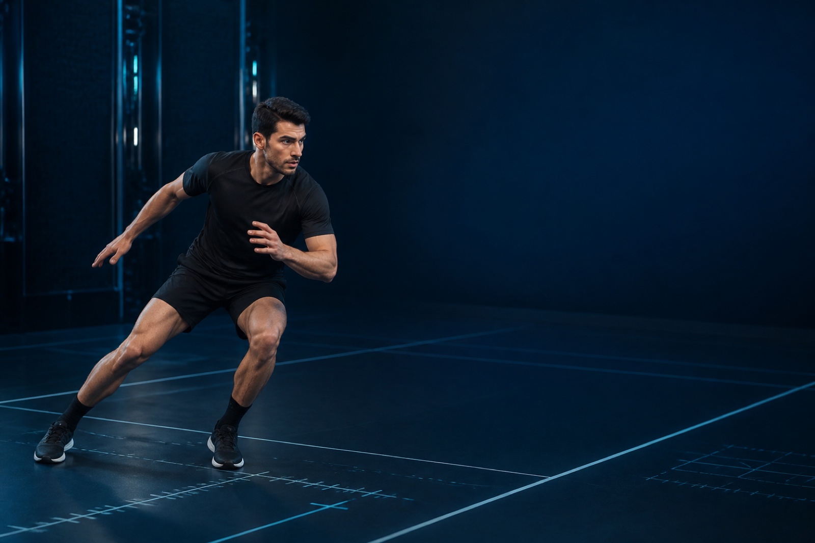 An adult male athlete moving laterally in a performance studio