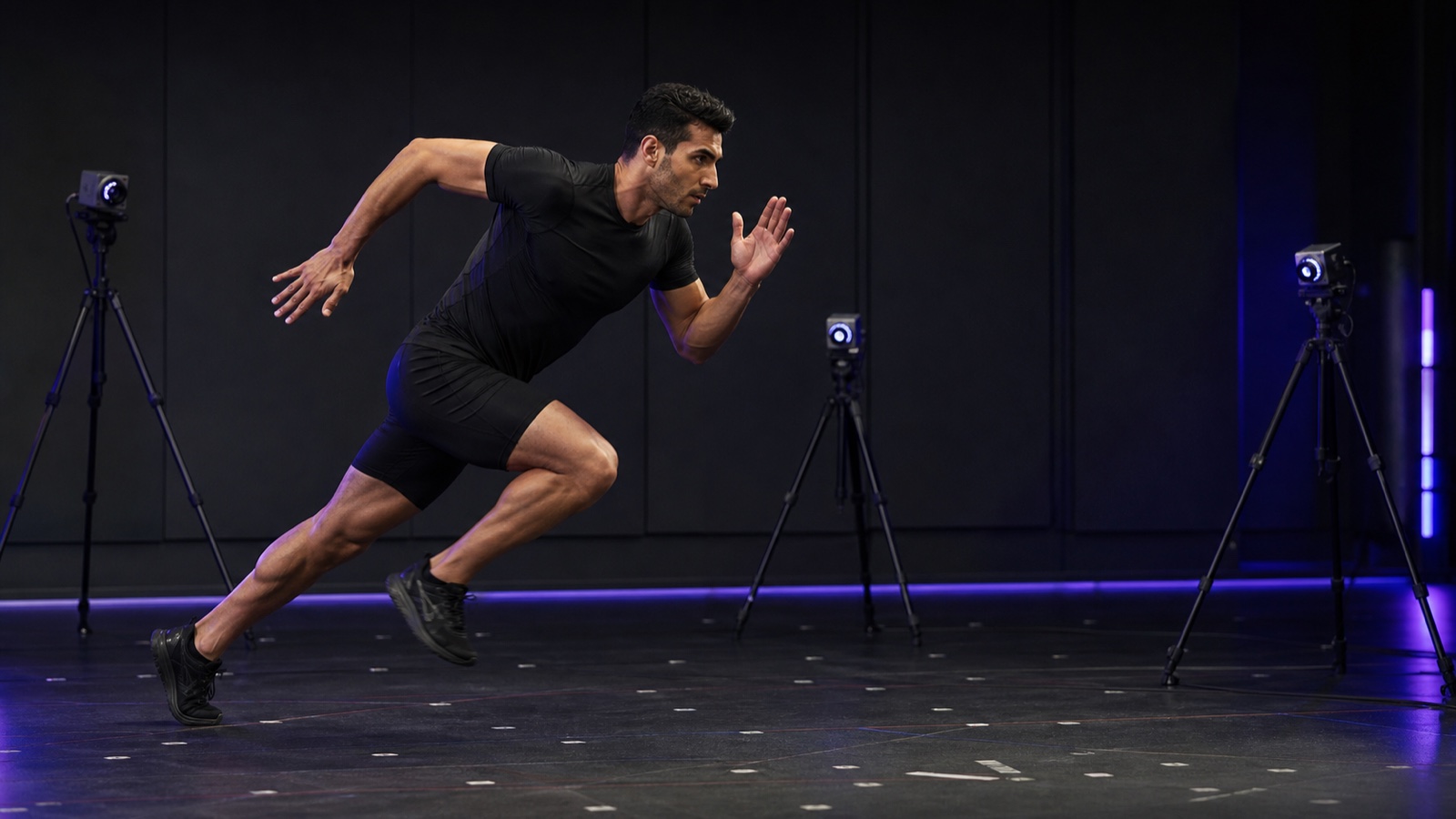 An adult male sprinter moving through a multi-camera biomechanics capture space