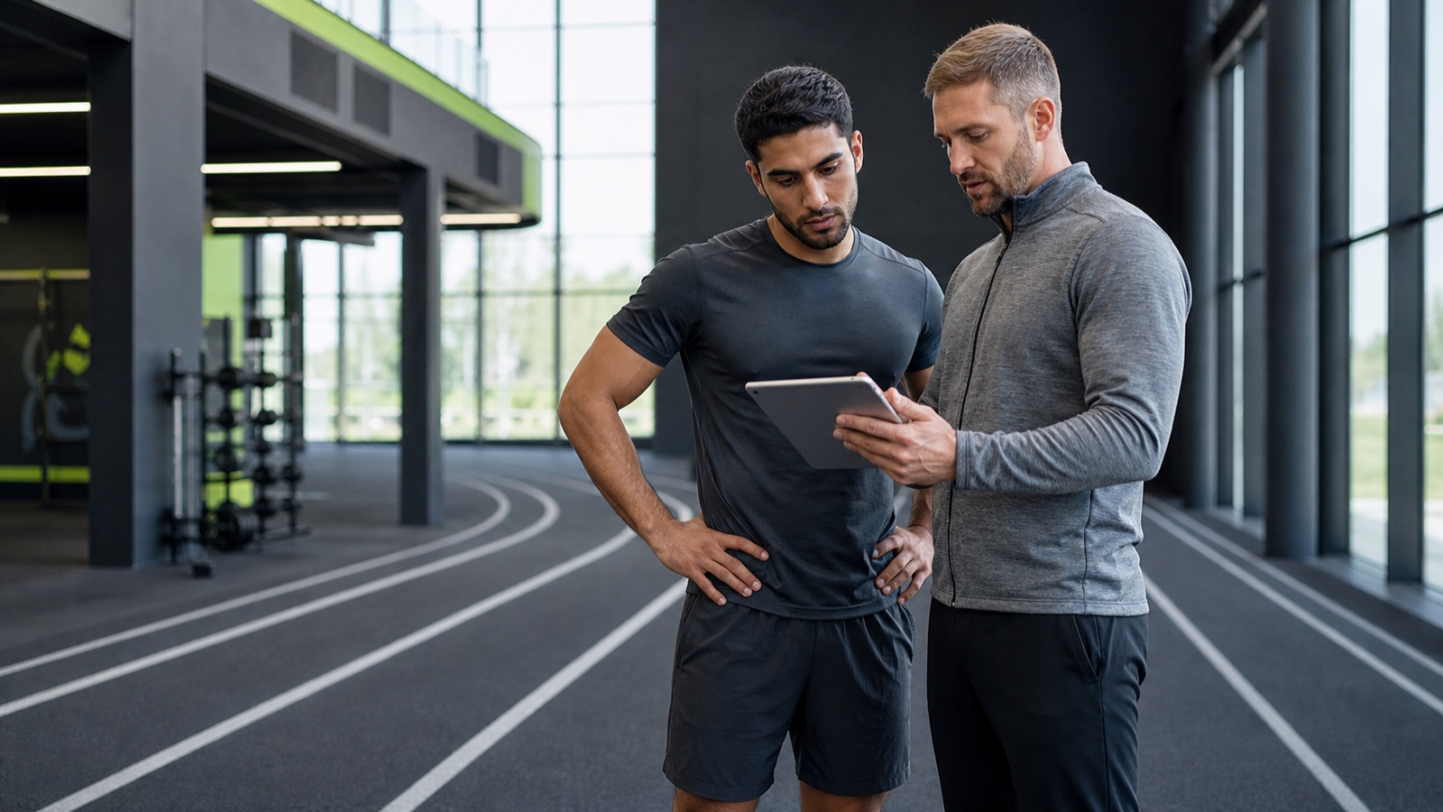 Two adult male sports professionals reviewing an assessment